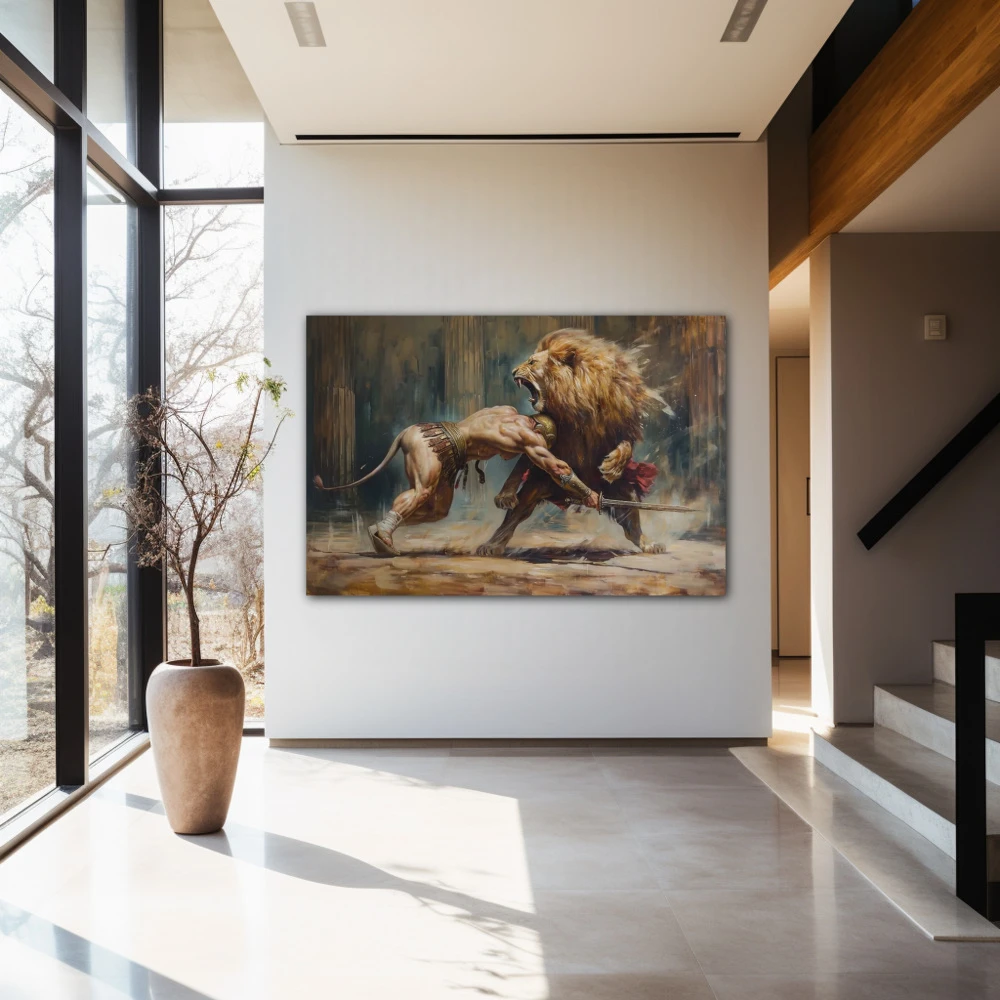 Wall Art titled: The Roar of Courage in a Horizontal format with: Golden, Brown, and Beige Colors; Decoration the Entryway wall