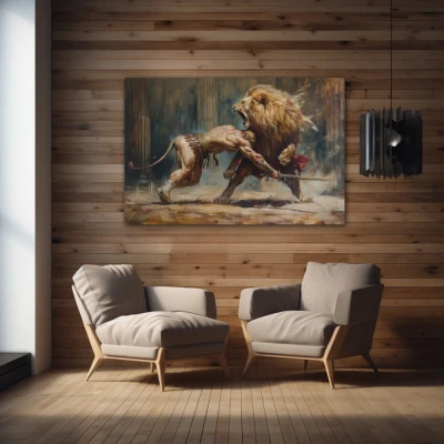 Wall Art titled: The Roar of Courage in a Horizontal format with: Golden, Brown, and Beige Colors; Decoration the Wooden Walls wall