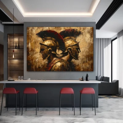 Wall Art titled: Duo of Titans in a Horizontal format with: Golden, Brown, and Red Colors; Decoration the Bar wall