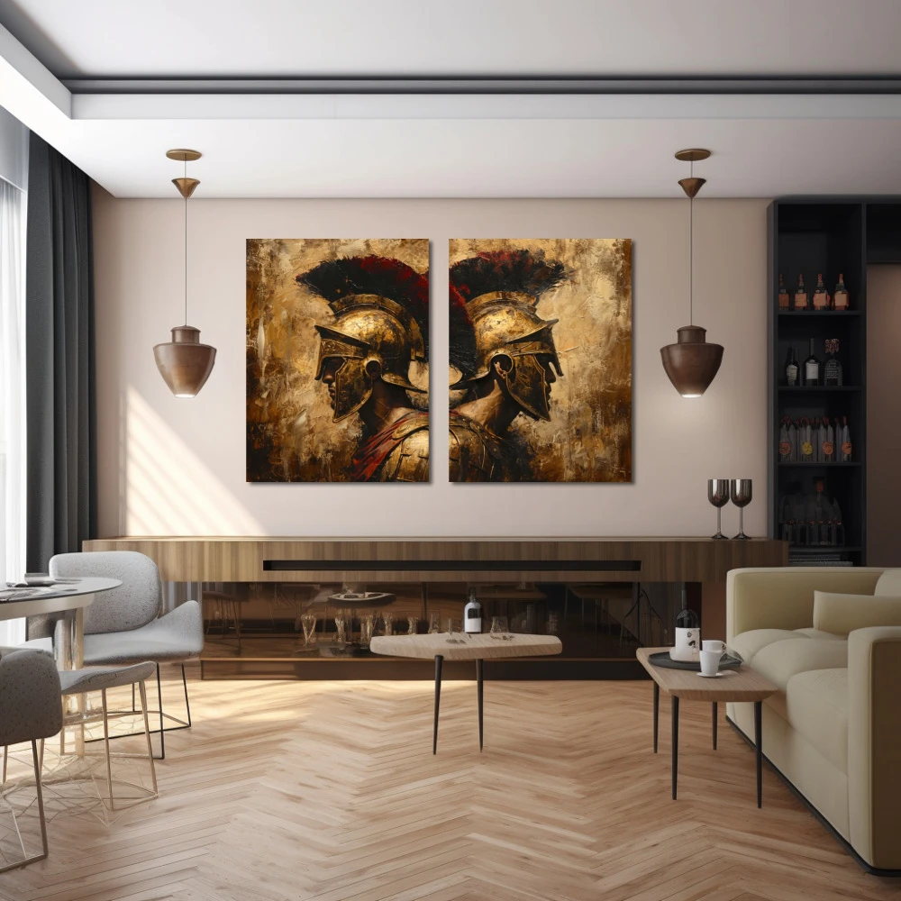 Cuadro dúo de titanes en formato díptico con colores dorado, marrón, rojo; decorando pared de bar