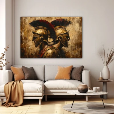 Wall Art titled: Duo of Titans in a Horizontal format with: Golden, Brown, and Red Colors; Decoration the White Wall wall