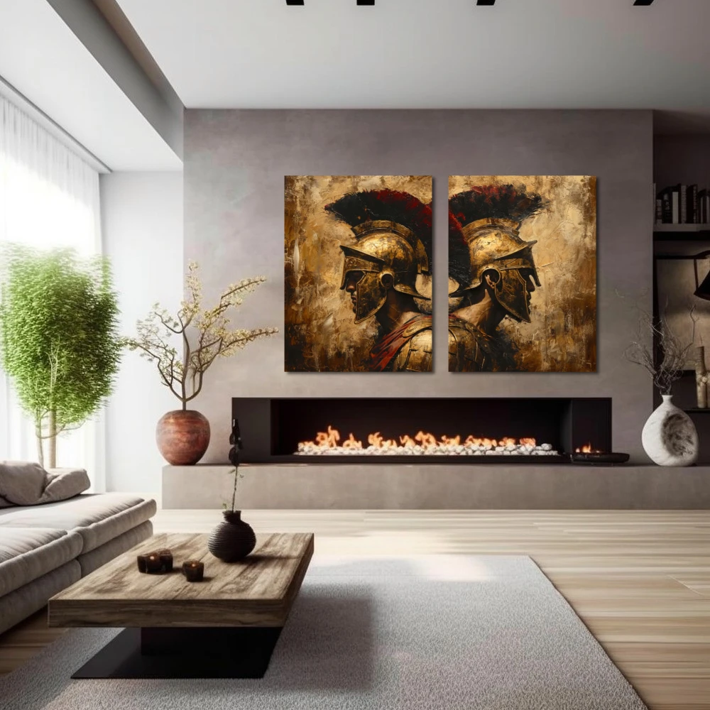 Cuadro dúo de titanes en formato díptico con colores dorado, marrón, rojo; decorando pared de chimenea