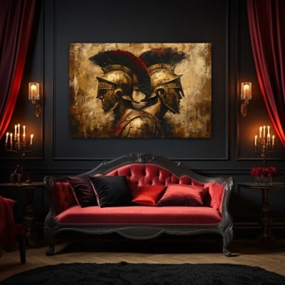 Wall Art titled: Duo of Titans in a  format with: Golden, Brown, and Red Colors; Decoration the Above Couch wall