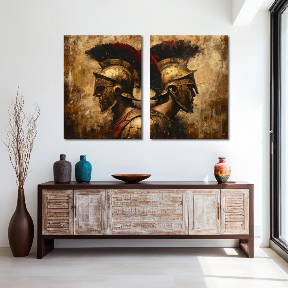 Wall Art titled: Duo of Titans in a Horizontal format with: Golden, Brown, and Red Colors; Decoration the Entryway wall