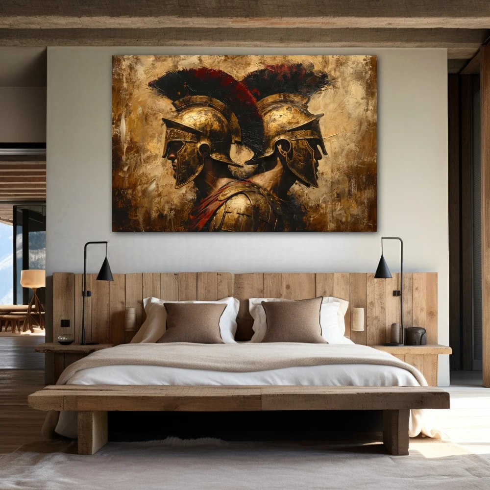 Wall Art titled: Duo of Titans in a Horizontal format with: Golden, Brown, and Red Colors; Decoration the Bedroom wall