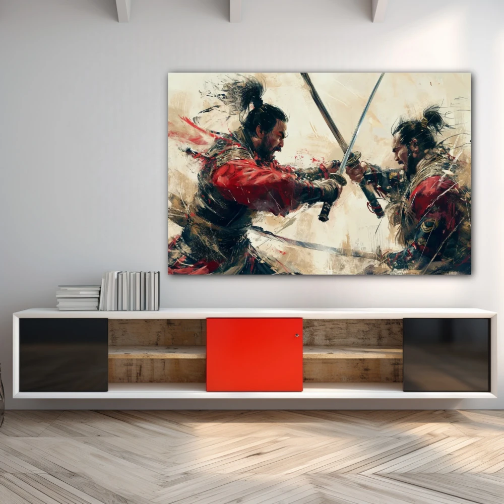 Wall Art titled: The Deadly Feint in a Horizontal format with: Grey, Red, and Beige Colors; Decoration the Sideboard wall