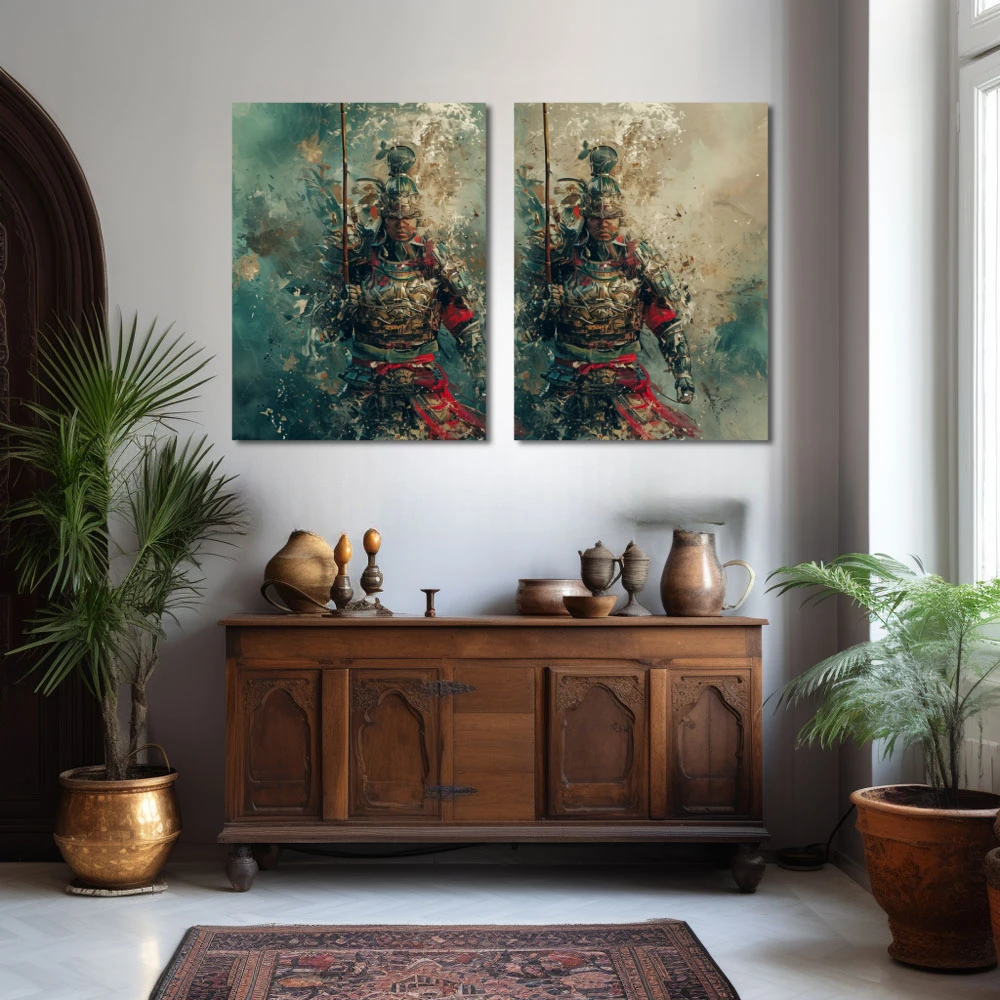Wall Art titled: Whispers of the Warrior Mist in a Horizontal format with: Blue, Grey, and Red Colors; Decoration the Sideboard wall