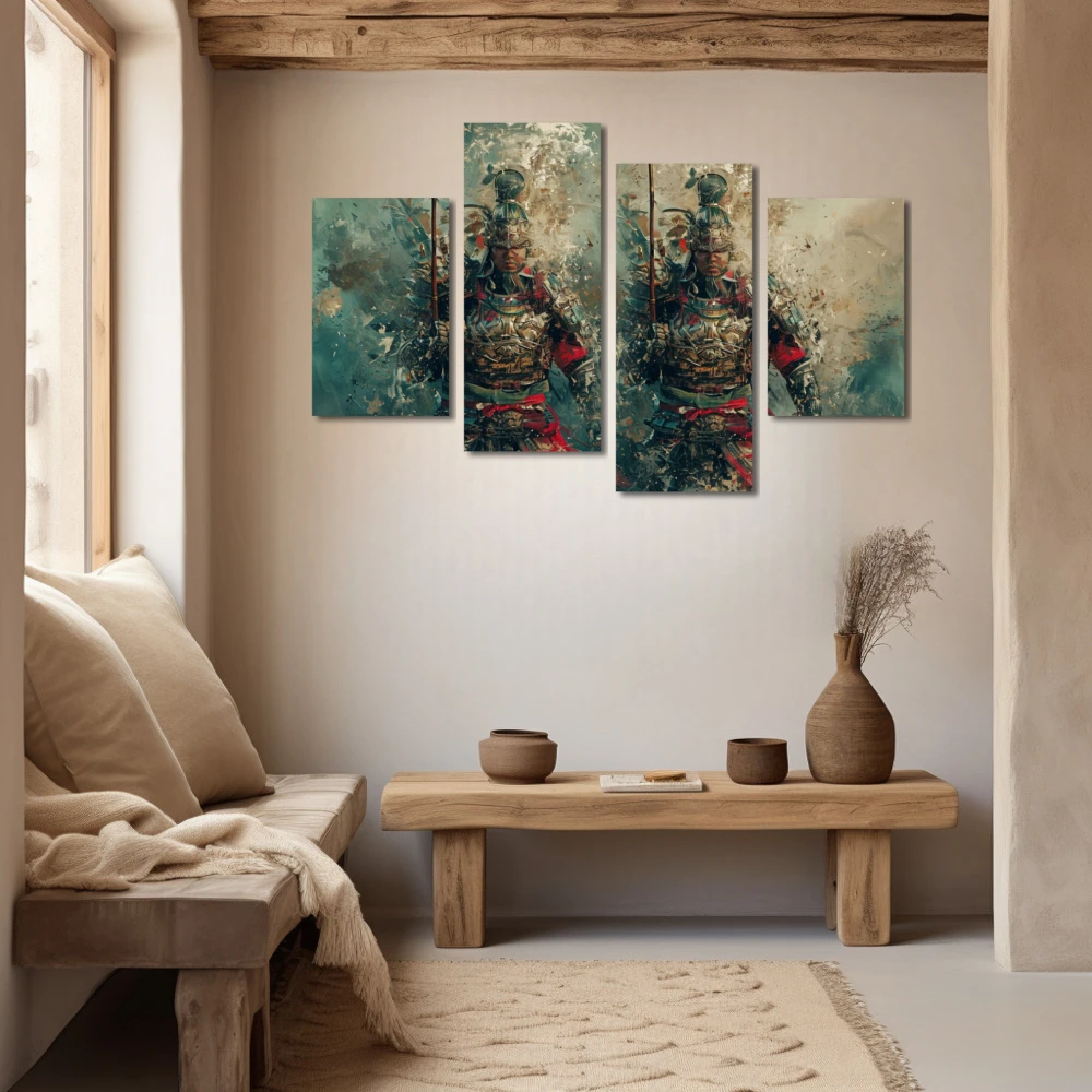 Wall Art titled: Whispers of the Warrior Mist in a Horizontal format with: Blue, Grey, and Red Colors; Decoration the Beige Wall wall