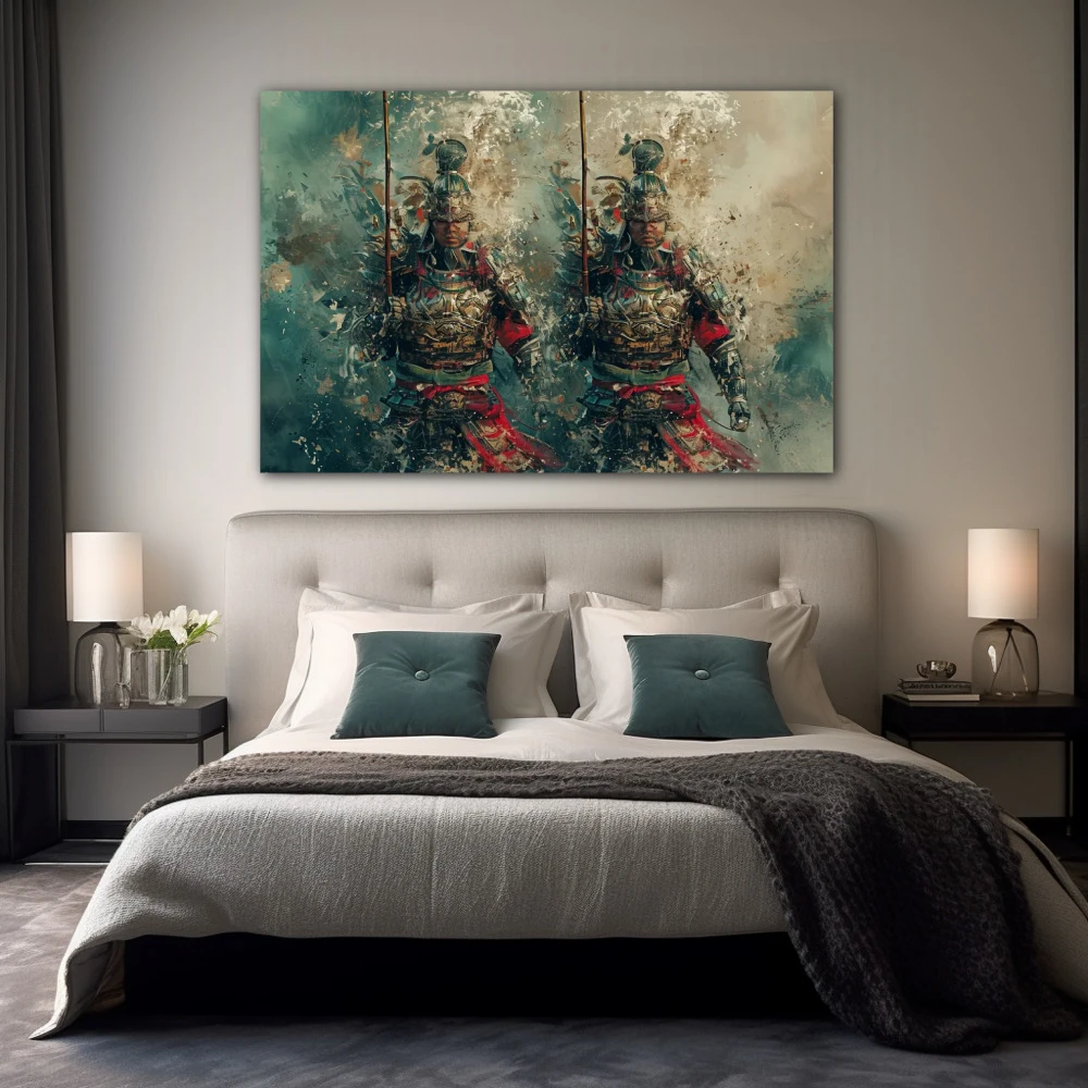 Cuadro susurros de bruma guerrera en formato horizontal con colores azul, gris, rojo; decorando pared de habitación dormitorio