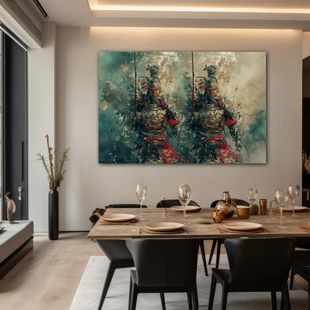 Wall Art titled: Whispers of the Warrior Mist in a Horizontal format with: Blue, Grey, and Red Colors; Decoration the Living Room wall