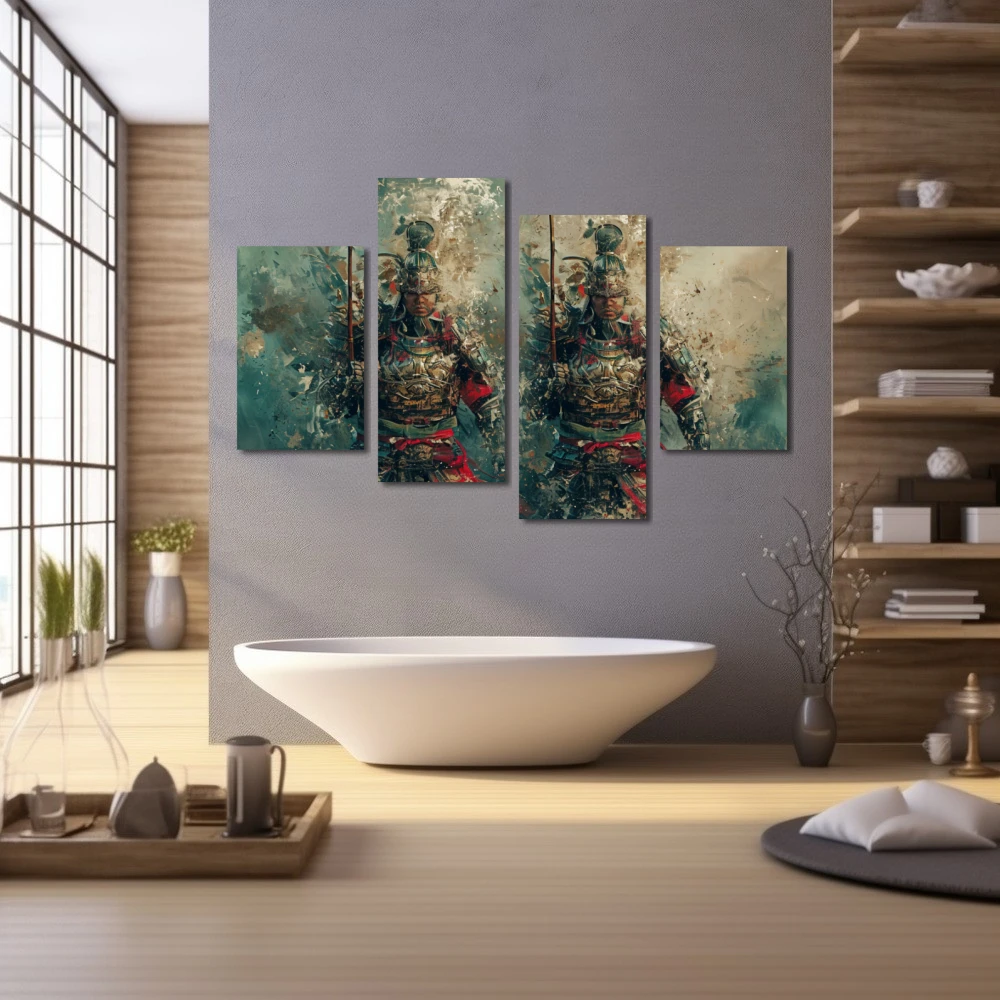 Wall Art titled: Whispers of the Warrior Mist in a Horizontal format with: Blue, Grey, and Red Colors; Decoration the Wellbeing wall