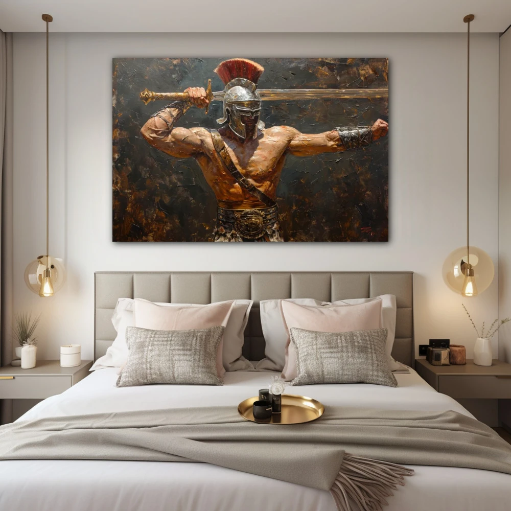 Cuadro reflejo de poder en formato horizontal con colores dorado, marrón; decorando pared de habitación dormitorio
