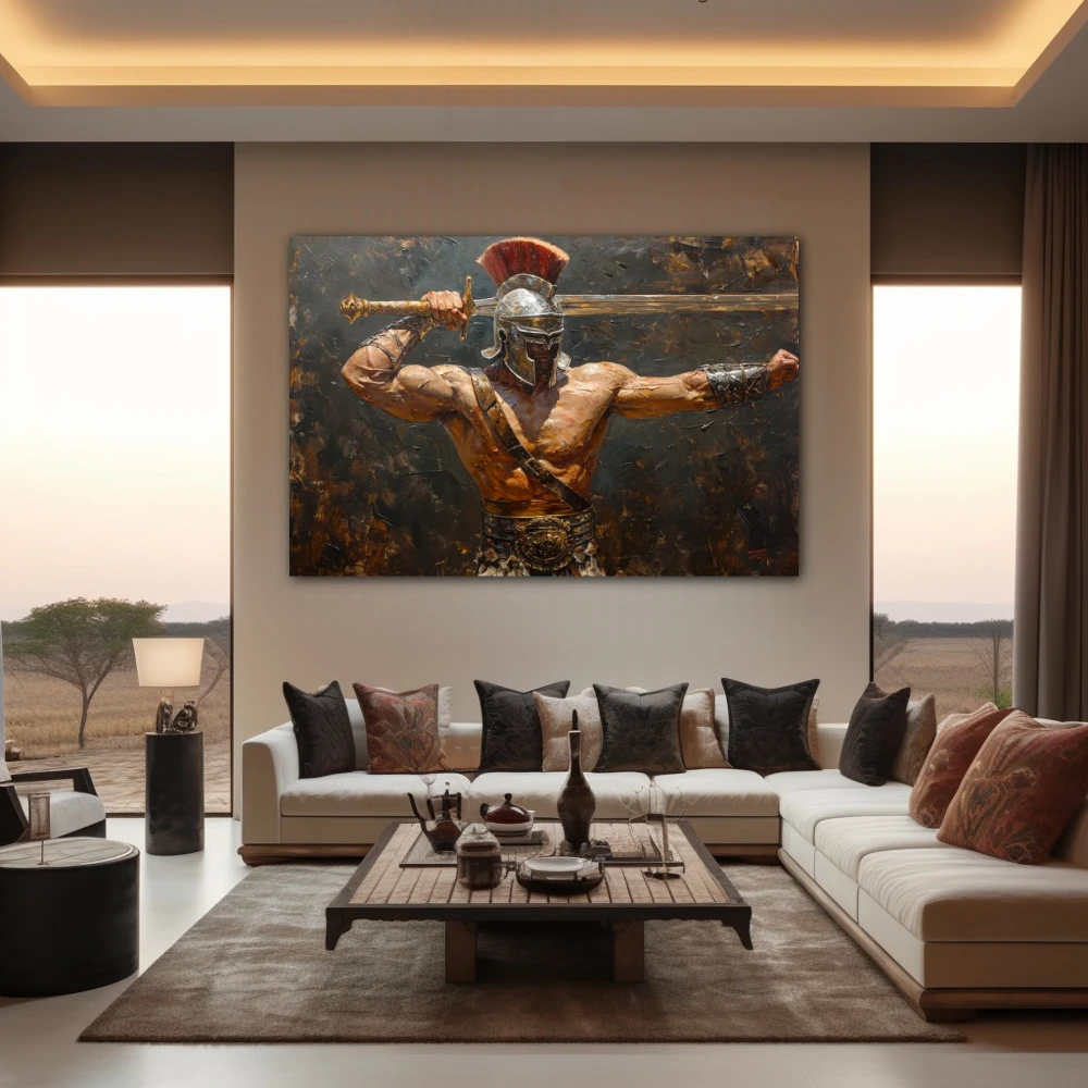 Cuadro reflejo de poder en formato horizontal con colores dorado, marrón; decorando pared de salón comedor
