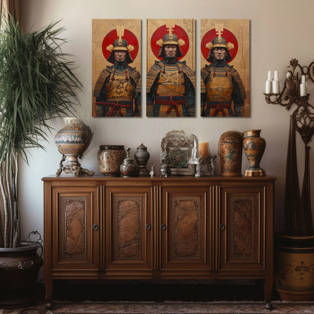 Cuadro guardianes del honor en formato tríptico con colores dorado, marrón, rojo; decorando pared de aparador