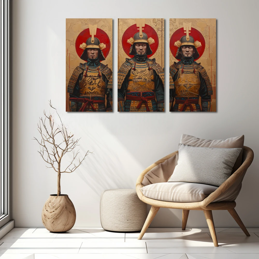 Cuadro guardianes del honor en formato tríptico con colores dorado, marrón, rojo; decorando pared blanca