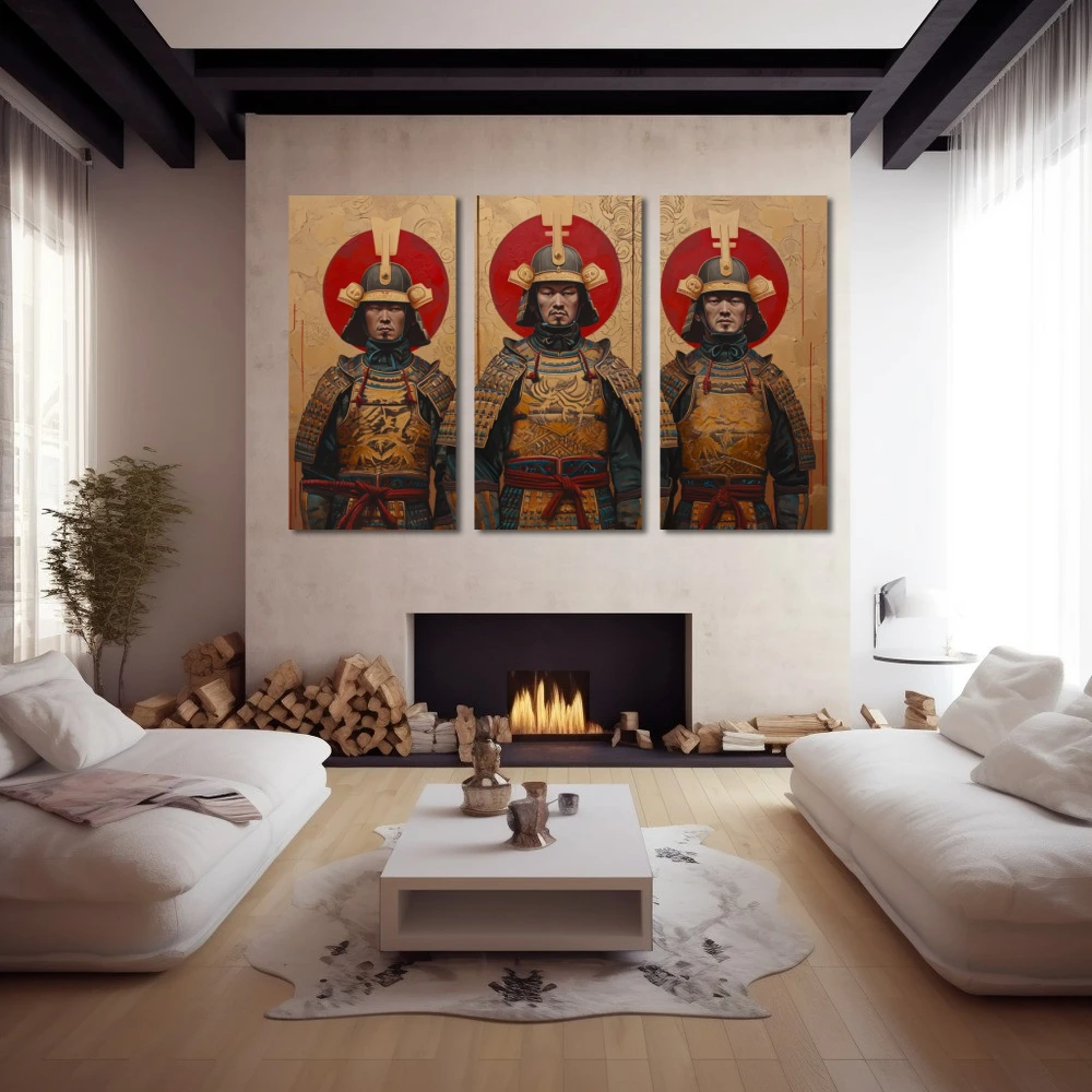Cuadro guardianes del honor en formato tríptico con colores dorado, marrón, rojo; decorando pared de chimenea