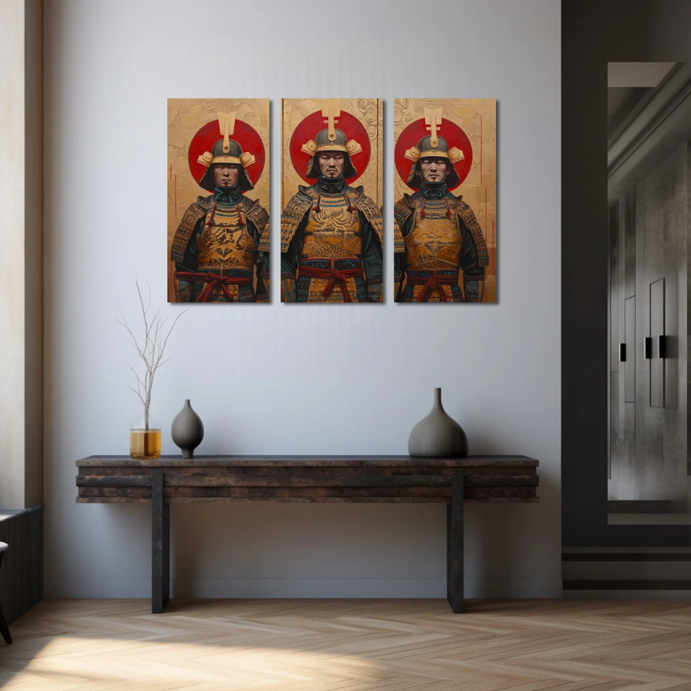 Cuadro guardianes del honor en formato tríptico con colores dorado, marrón, rojo; decorando pared gris