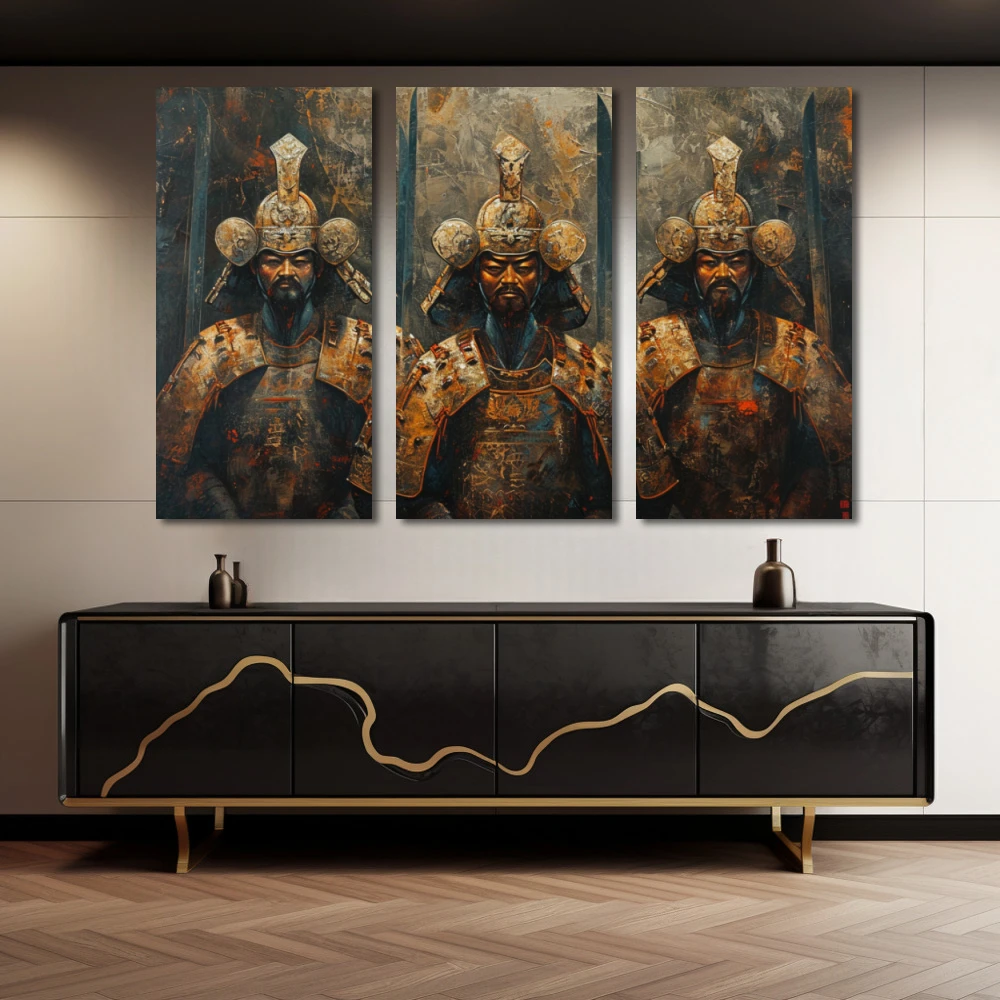 Cuadro trío de espirítus guerreros en formato tríptico con colores dorado, marrón; decorando pared de aparador