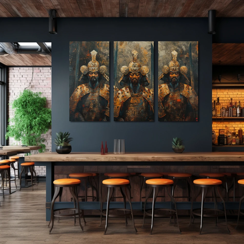 Wall Art titled: Trio of Warrior Spirits in a Horizontal format with: Golden, and Brown Colors; Decoration the Bar wall