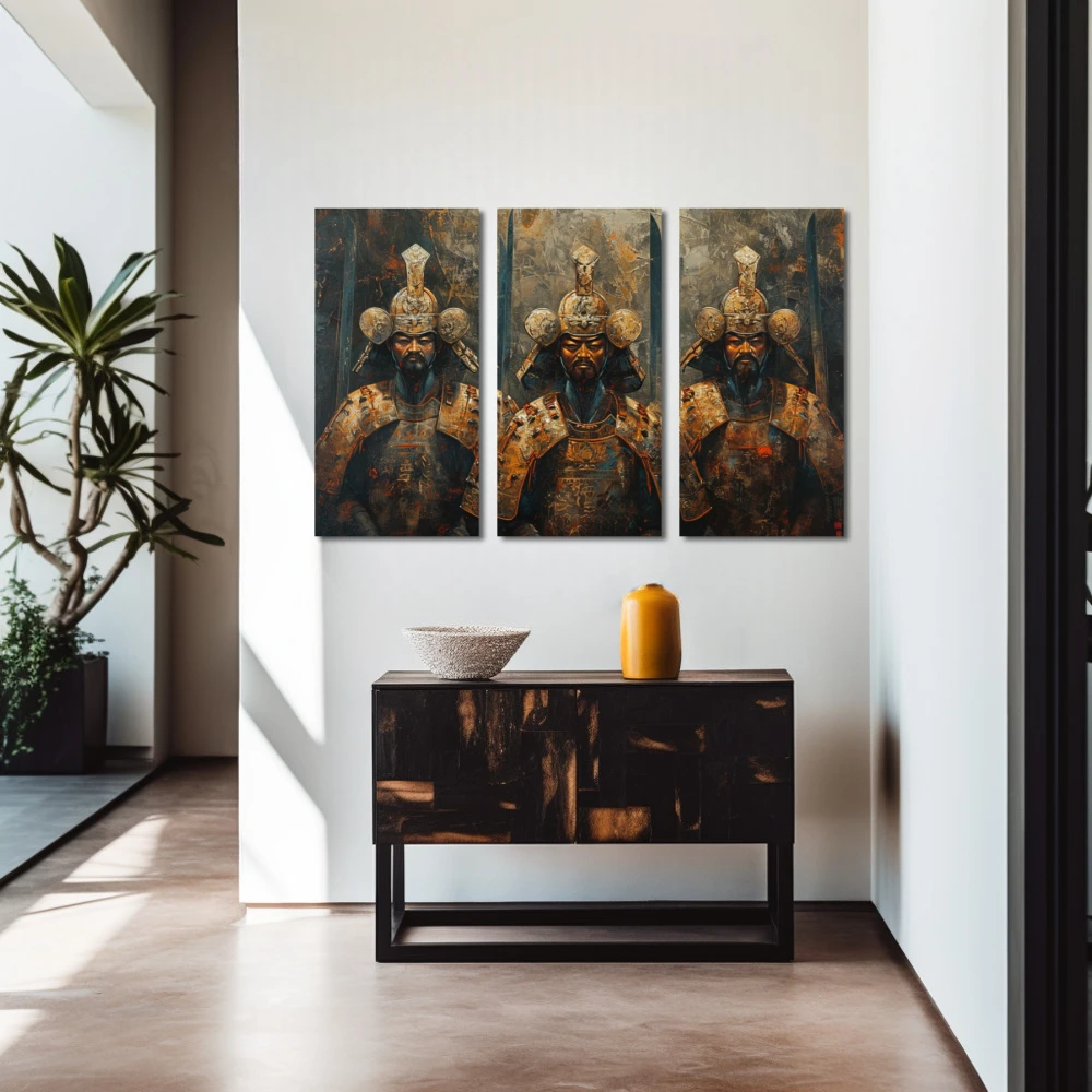 Wall Art titled: Trio of Warrior Spirits in a Horizontal format with: Golden, and Brown Colors; Decoration the Entryway wall