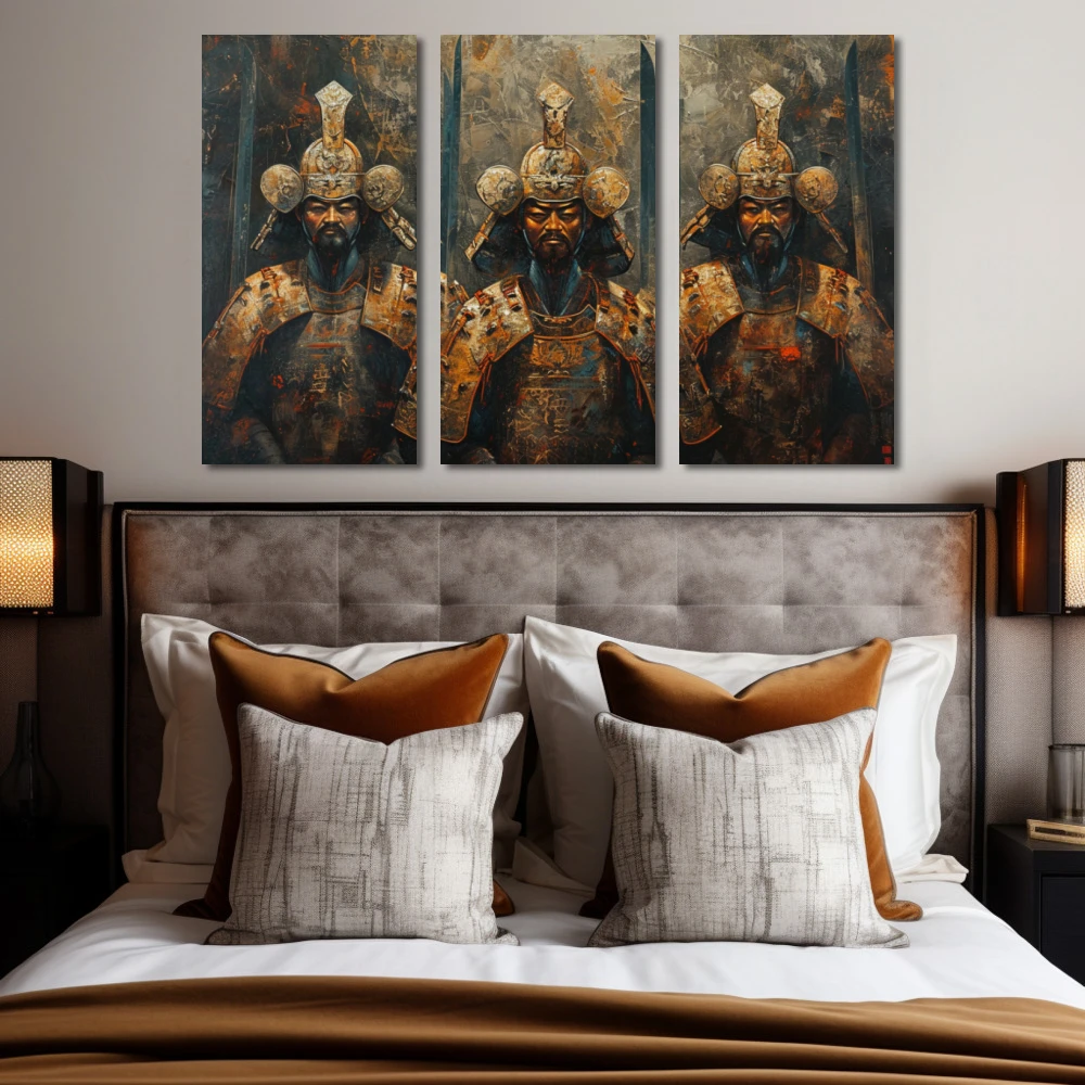 Cuadro trío de espirítus guerreros en formato tríptico con colores dorado, marrón; decorando pared de habitación dormitorio