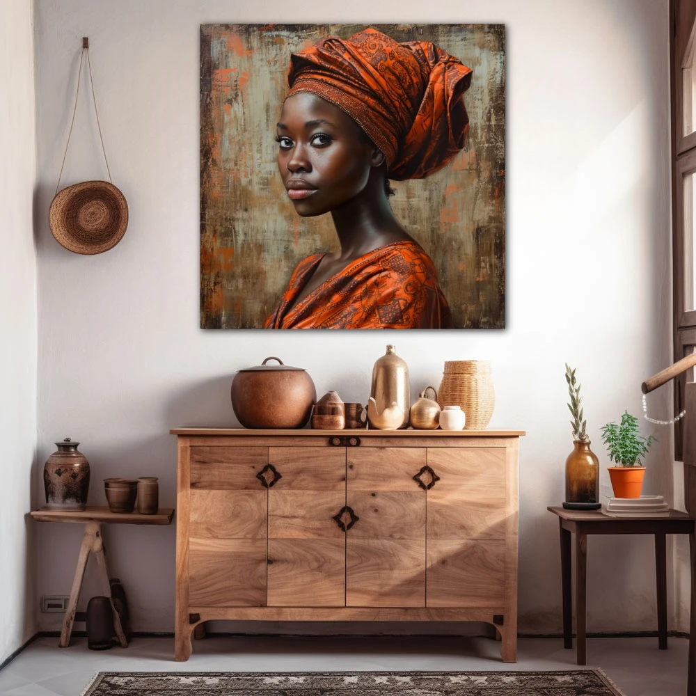 Wall Art titled: Malika Keita in a Square format with: Brown, and Orange Colors; Decoration the Sideboard wall