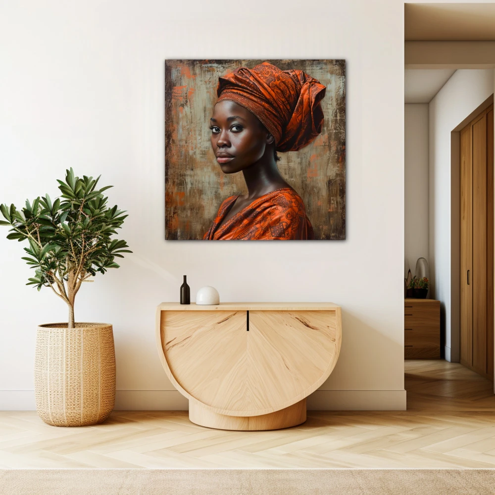 Wall Art titled: Malika Keita in a Square format with: Brown, and Orange Colors; Decoration the Beige Wall wall