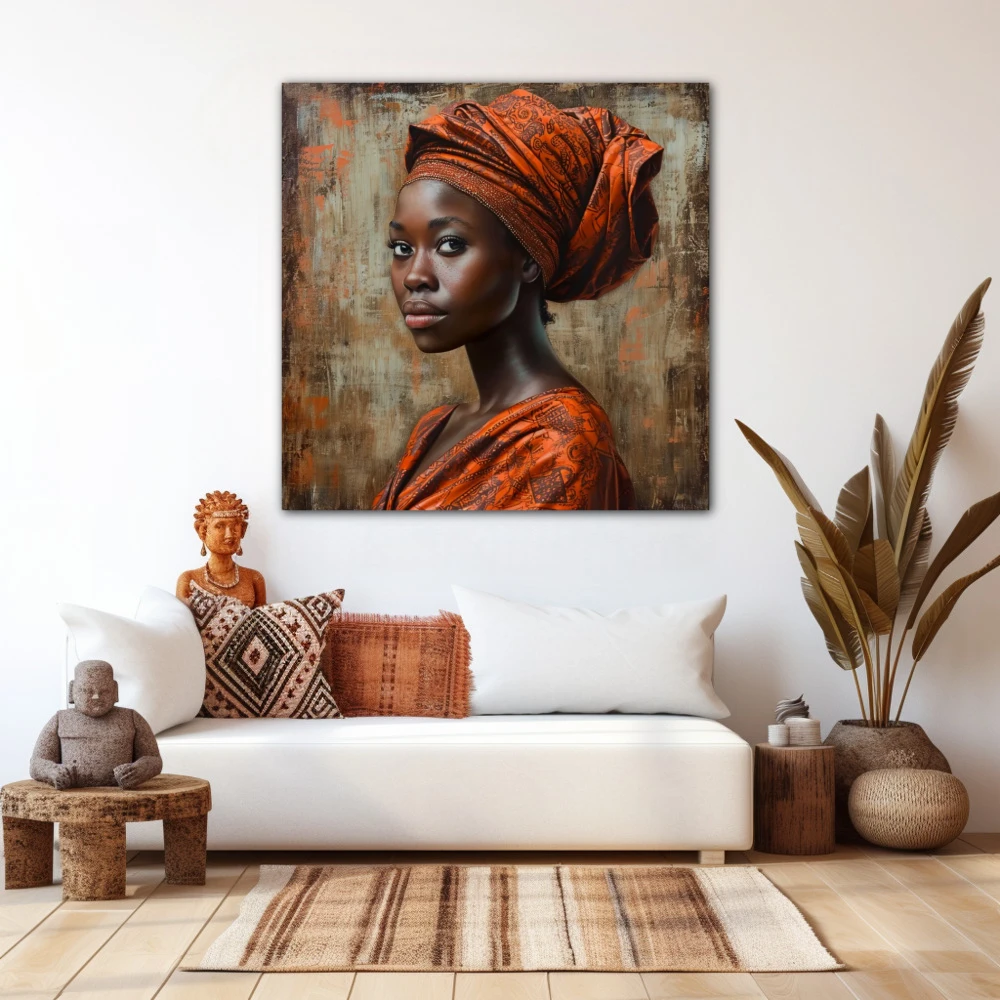 Wall Art titled: Malika Keita in a Square format with: Brown, and Orange Colors; Decoration the White Wall wall