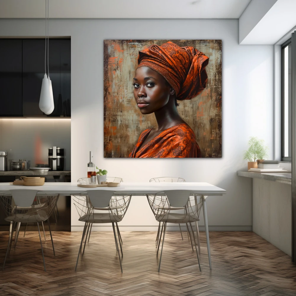 Wall Art titled: Malika Keita in a Square format with: Brown, and Orange Colors; Decoration the Kitchen wall