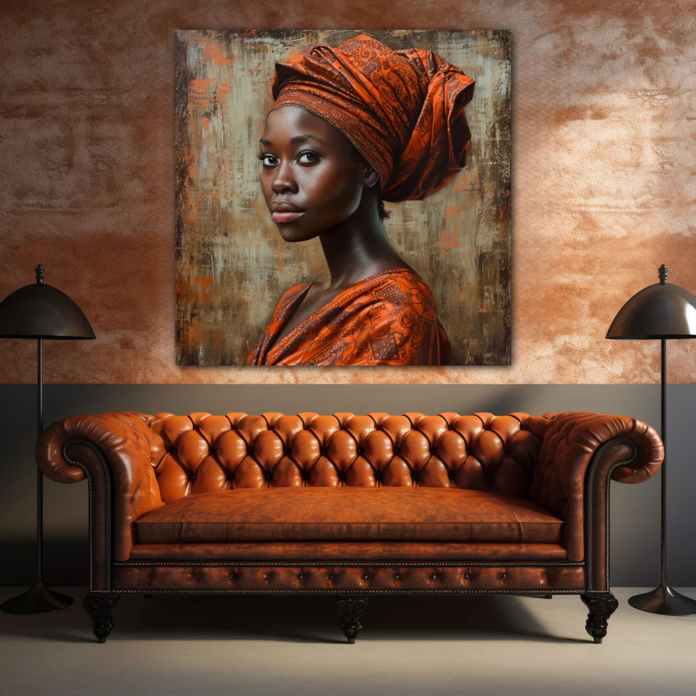 Wall Art titled: Malika Keita in a Square format with: Brown, and Orange Colors; Decoration the Above Couch wall