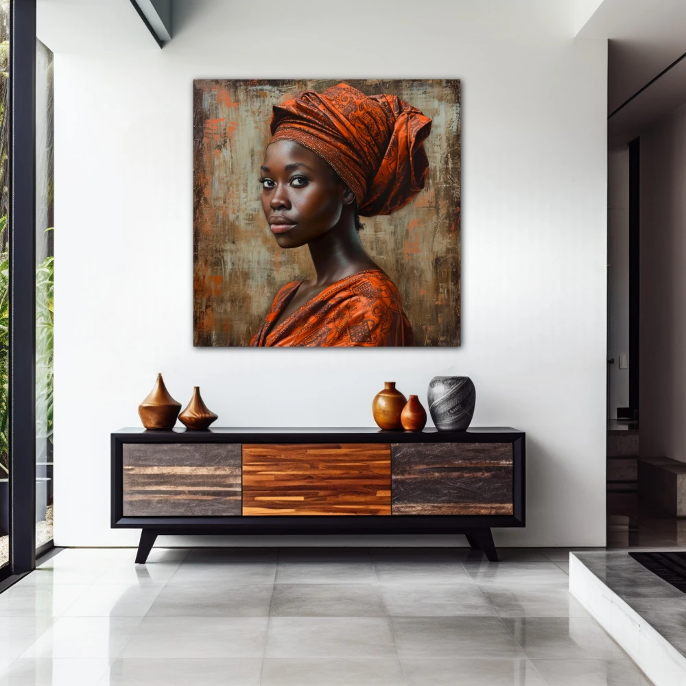 Wall Art titled: Malika Keita in a Square format with: Brown, and Orange Colors; Decoration the Entryway wall