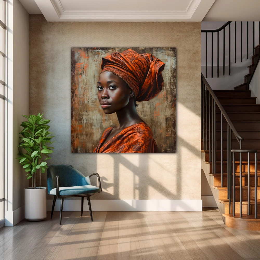 Wall Art titled: Malika Keita in a Square format with: Brown, and Orange Colors; Decoration the Staircase wall