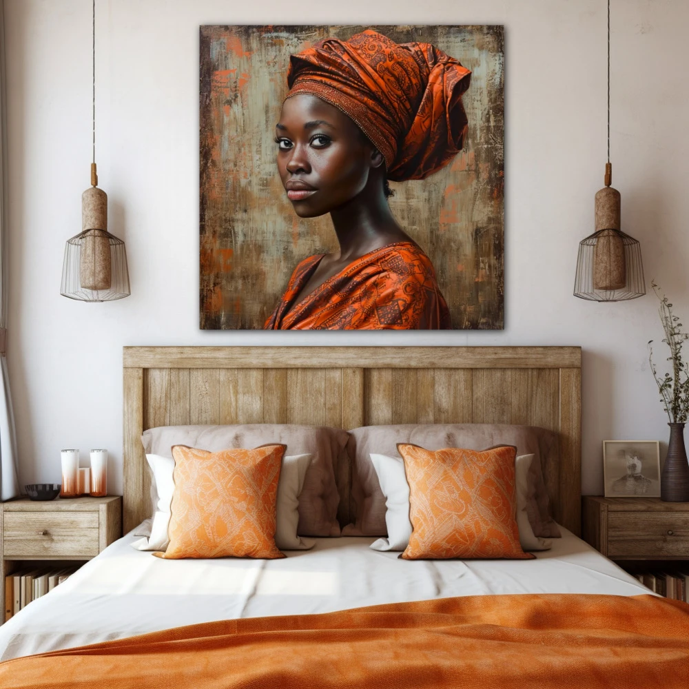 Wall Art titled: Malika Keita in a Square format with: Brown, and Orange Colors; Decoration the Bedroom wall
