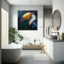Wall Art titled: Intrepid Tropical Gaze in a Square format with: Blue, Orange, and Navy Blue Colors; Decoration the Bathroom wall
