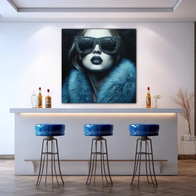 Wall Art titled: Glamour Glass in a Square format with: Blue, Sky blue, and Navy Blue Colors; Decoration the Bar wall
