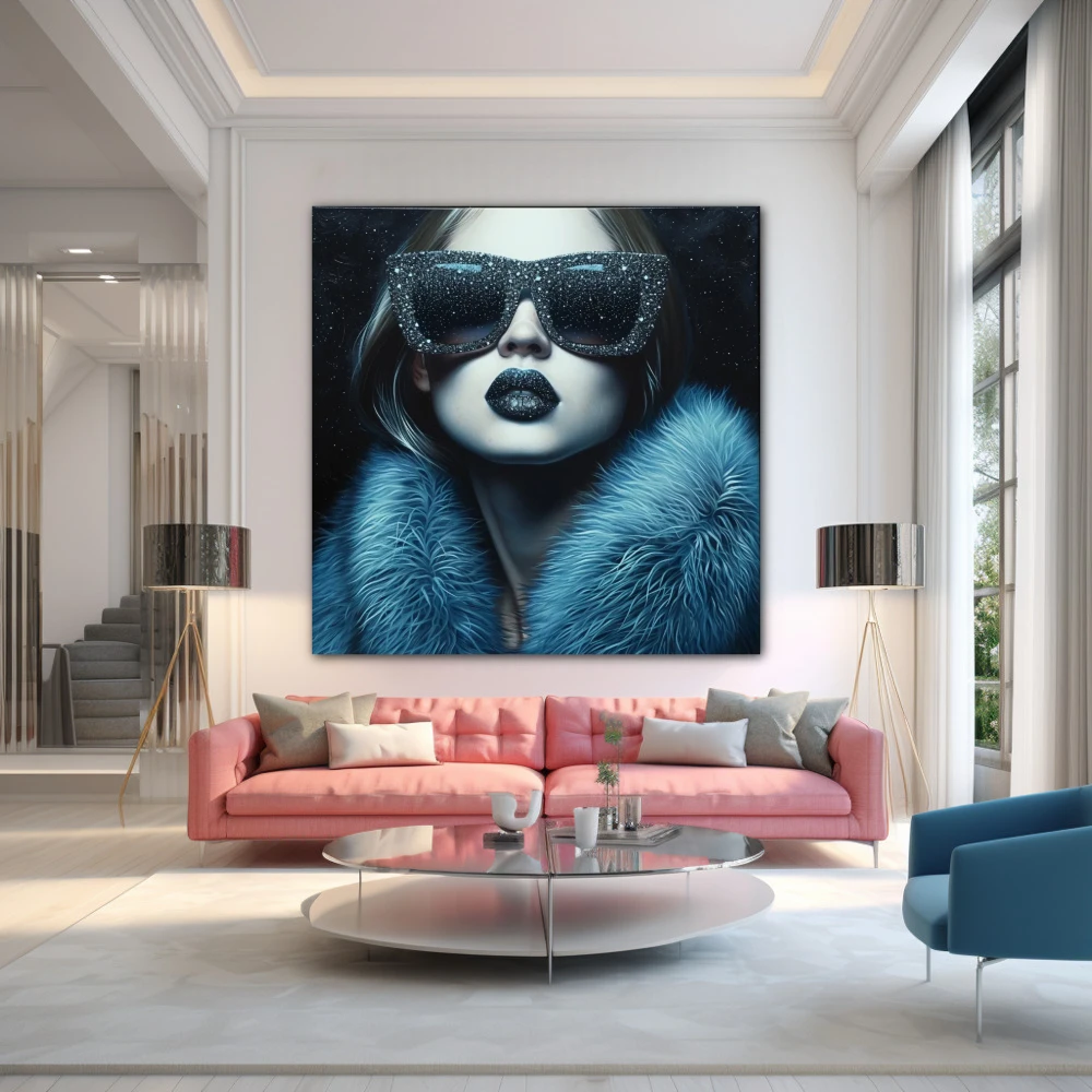 Cuadro glamour glass en formato cuadrado con colores azul, celeste; decorando pared de encima del sofá