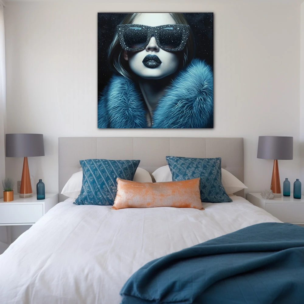 Cuadro glamour glass en formato cuadrado con colores azul, celeste; decorando pared de habitación dormitorio