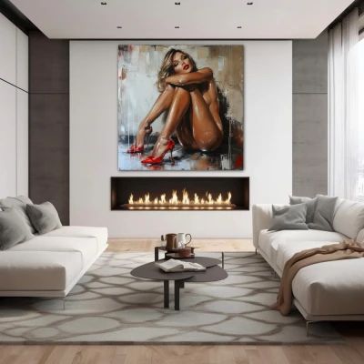 Wall Art titled: Heels of Seduction in a Square format with: Brown, and Red Colors; Decoration the Fireplace wall