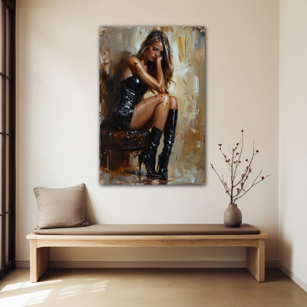Wall Art titled: Echo of Elegance in a Vertical format with: Golden, Brown, and Black Colors; Decoration the Beige Wall wall