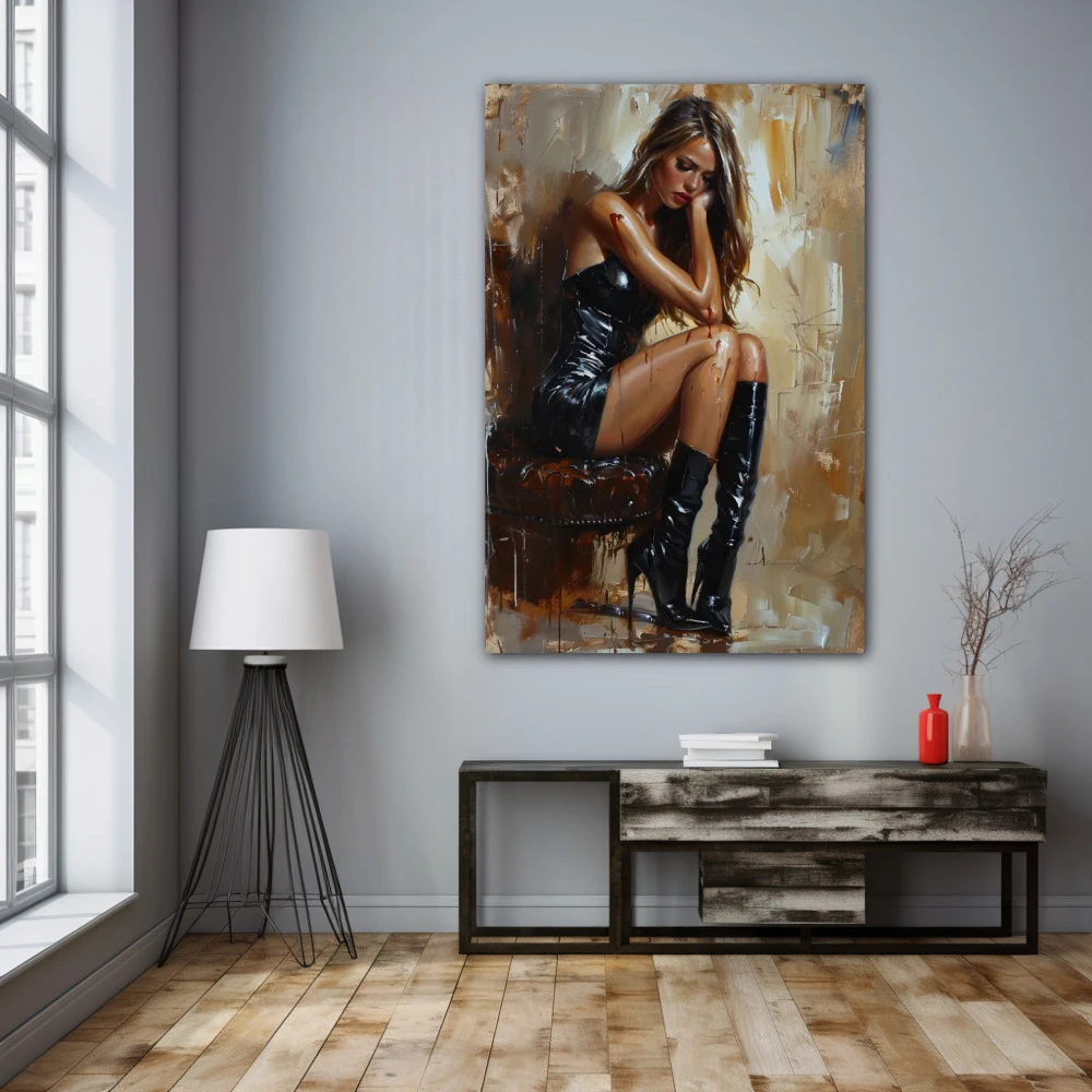 Wall Art titled: Echo of Elegance in a Vertical format with: Golden, Brown, and Black Colors; Decoration the Grey Walls wall