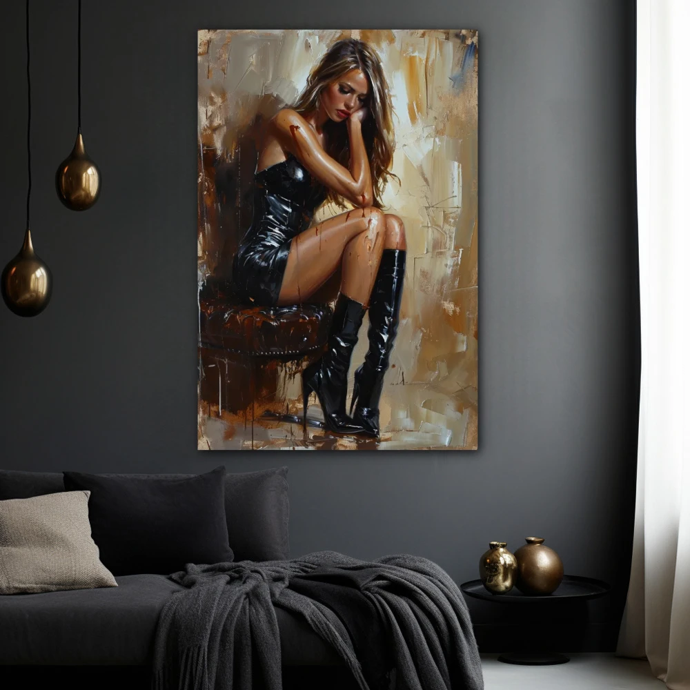 Cuadro eco de elegancia en formato vertical con colores dorado, marrón, negro; decorando pared negra