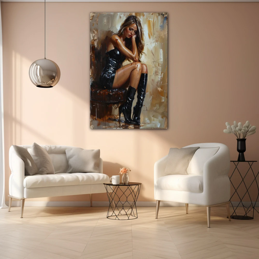 Cuadro eco de elegancia en formato vertical con colores dorado, marrón, negro; decorando pared de salón comedor