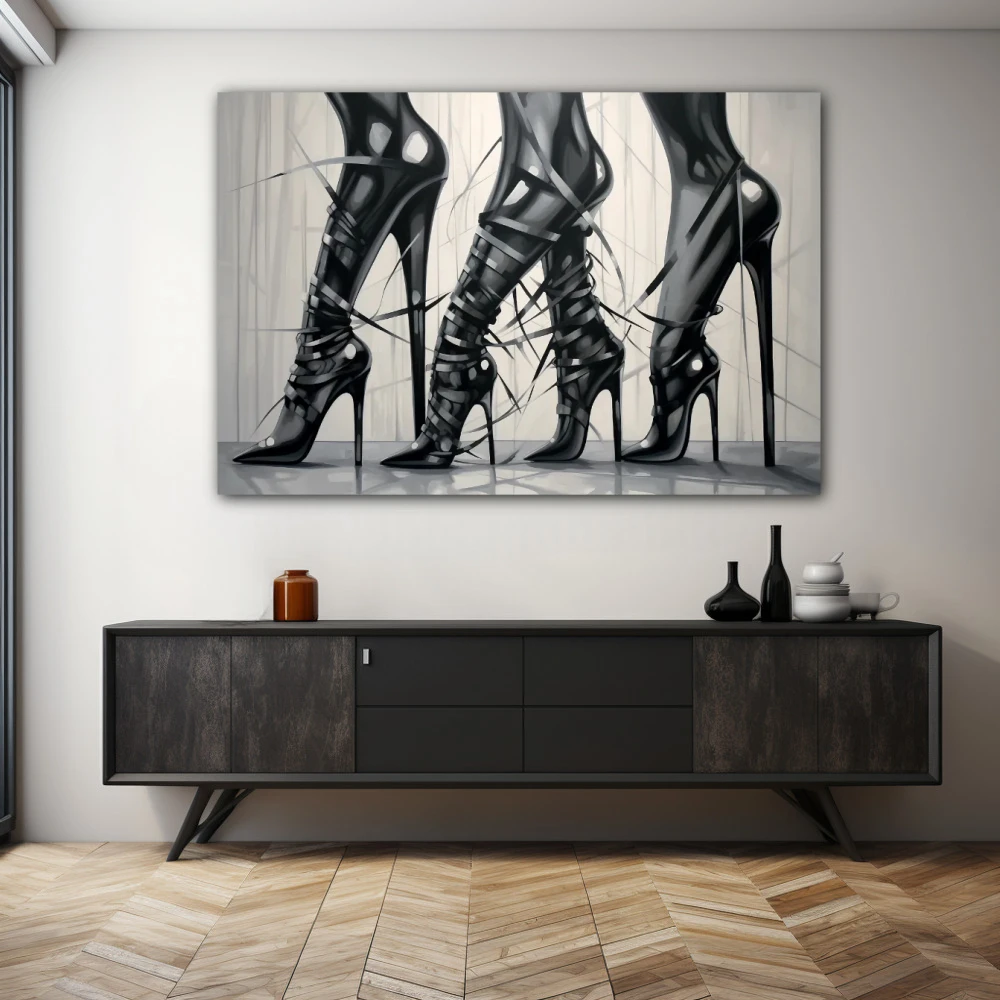 Wall Art titled: Heels and Leather in a Horizontal format with: Black and White, and Monochromatic Colors; Decoration the Sideboard wall