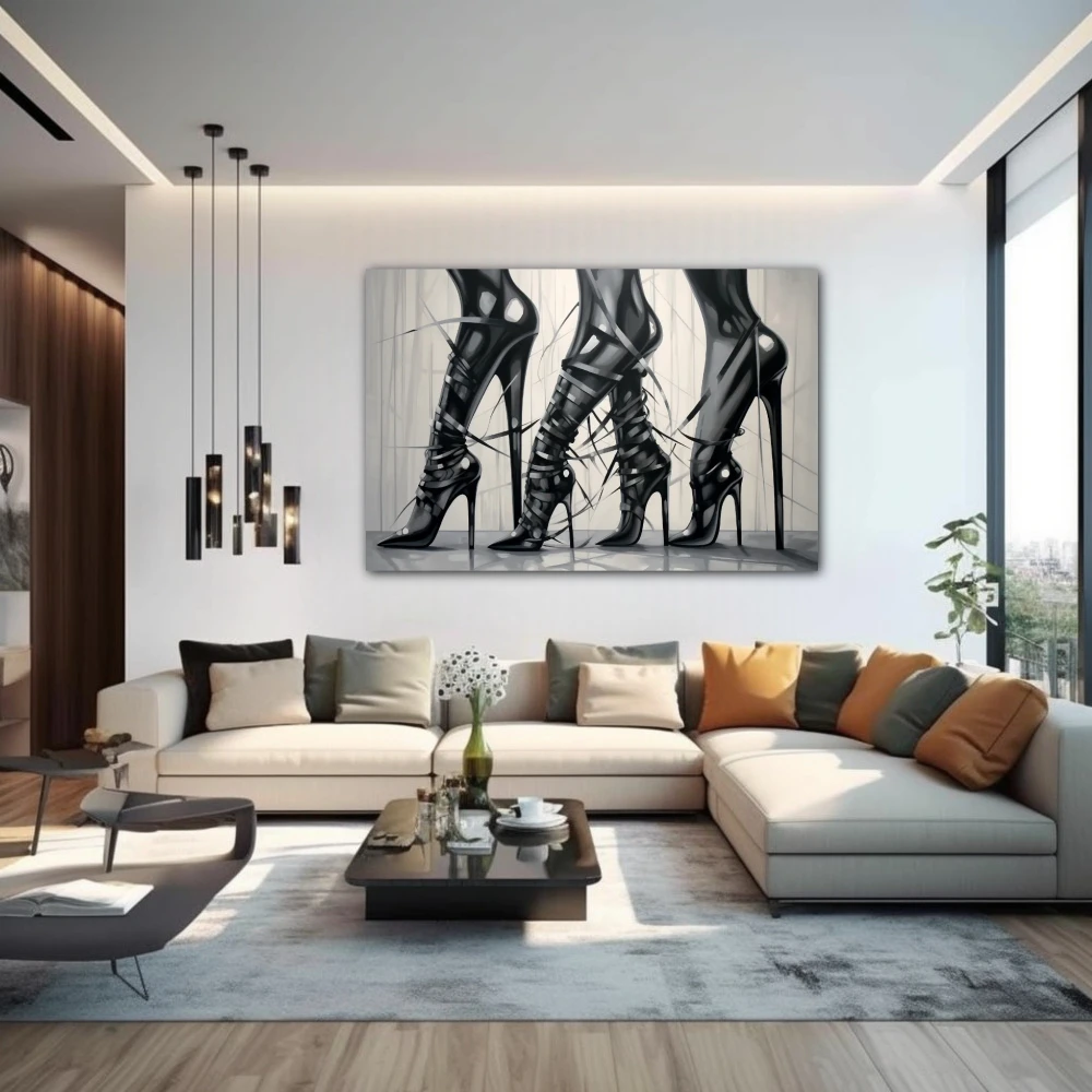 Wall Art titled: Heels and Leather in a Horizontal format with: Black and White, and Monochromatic Colors; Decoration the Above Couch wall