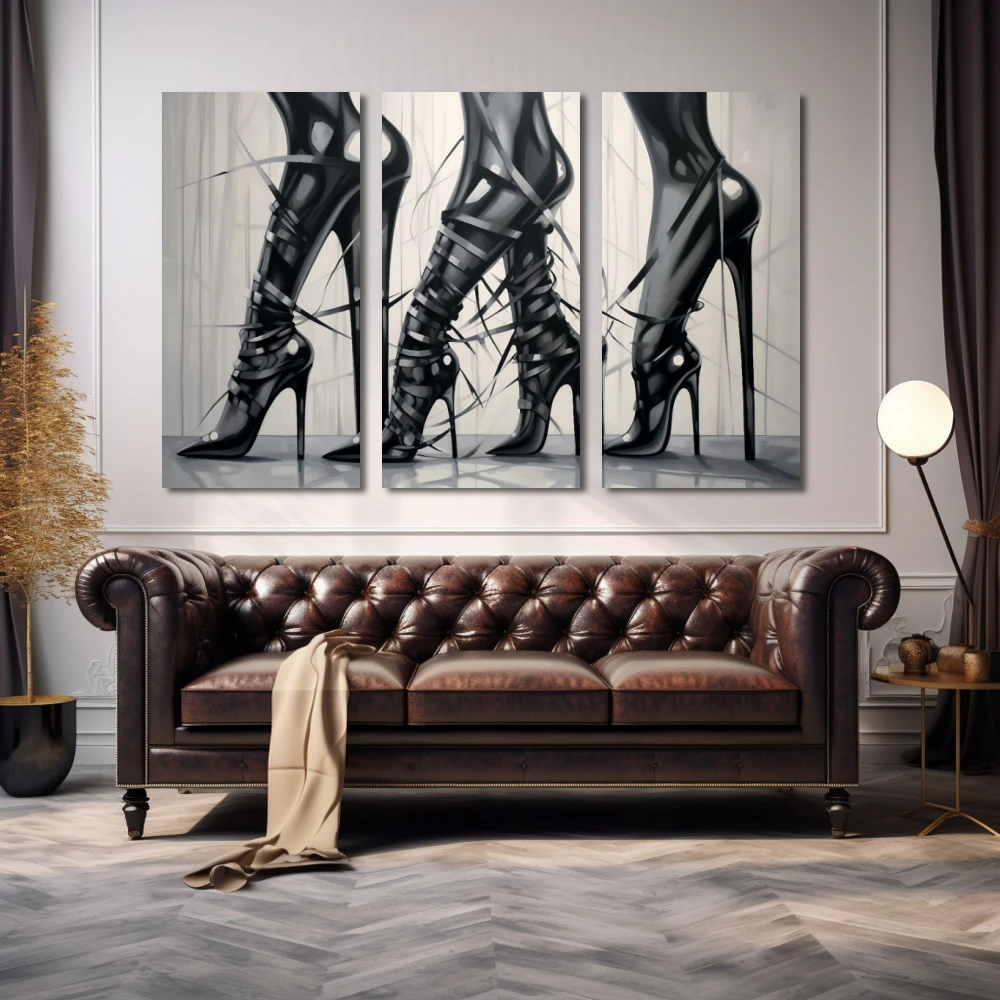Wall Art titled: Heels and Leather in a Horizontal format with: Black and White, and Monochromatic Colors; Decoration the Above Couch wall