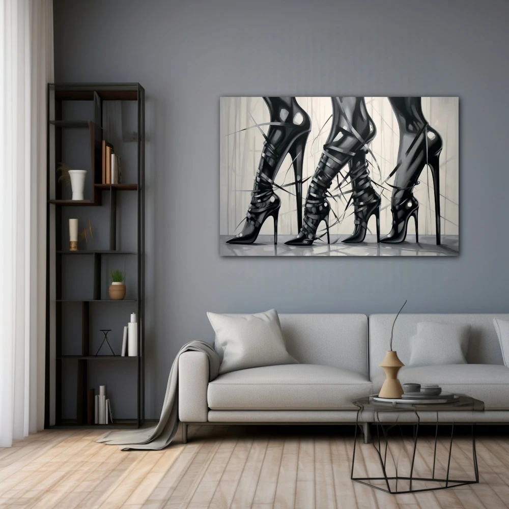 Wall Art titled: Heels and Leather in a Horizontal format with: Black and White, and Monochromatic Colors; Decoration the Grey Walls wall