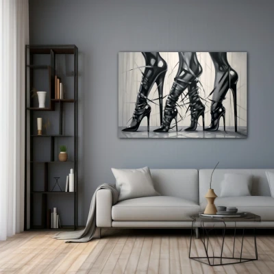 Wall Art titled: Heels and Leather in a  format with: Black and White, and Monochromatic Colors; Decoration the Grey Walls wall
