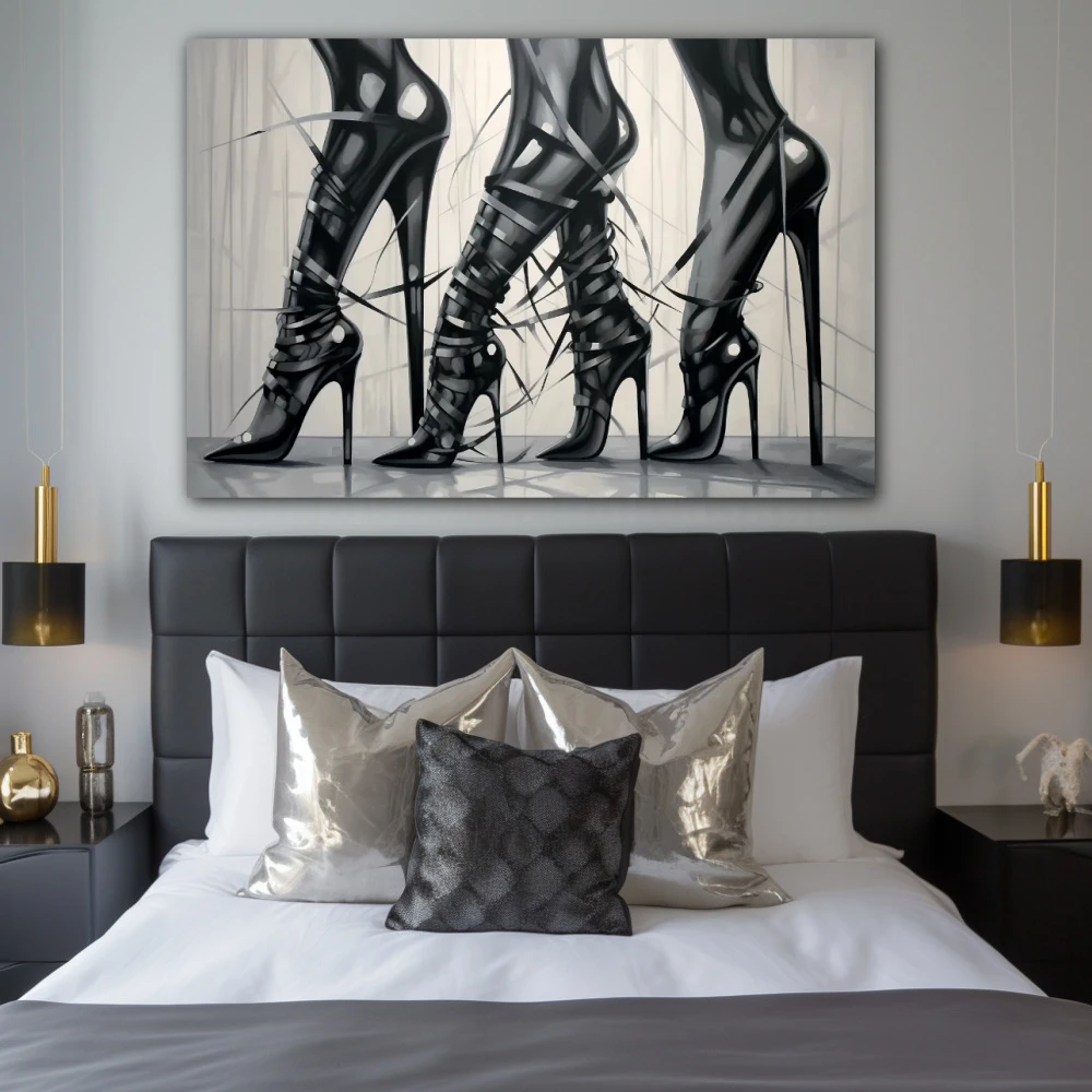 Wall Art titled: Heels and Leather in a Horizontal format with: Black and White, and Monochromatic Colors; Decoration the Bedroom wall
