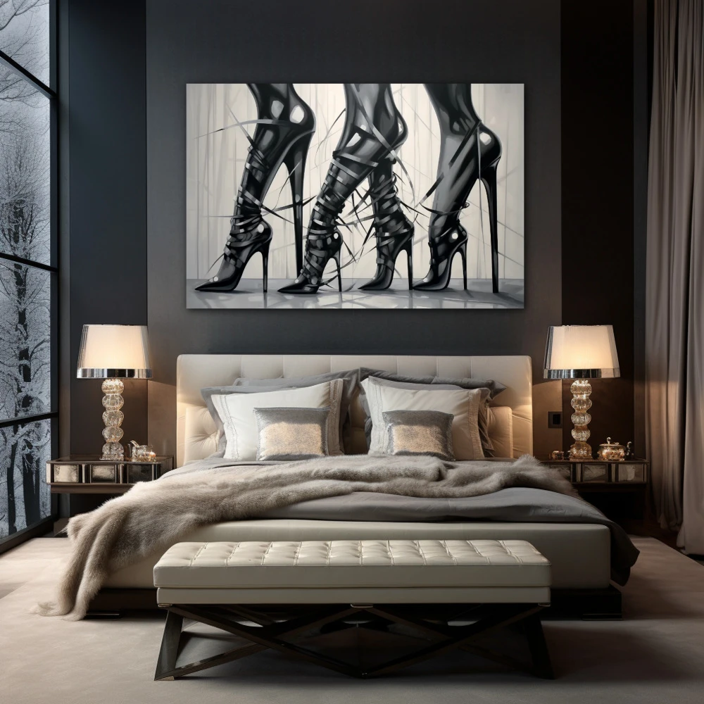 Cuadro tacones y cuero en formato horizontal con colores blanco y negro, monocromático; decorando pared de habitación dormitorio