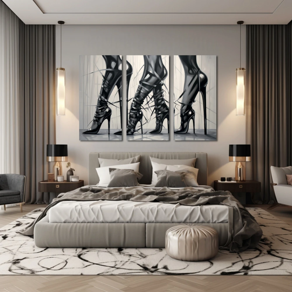 Cuadro tacones y cuero en formato tríptico con colores blanco y negro, monocromático; decorando pared de habitación dormitorio